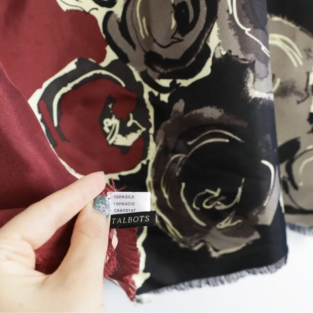 Talbots floral print square scarf silk maroon soft autumn fall vibes academia - Picture 2 of 4
